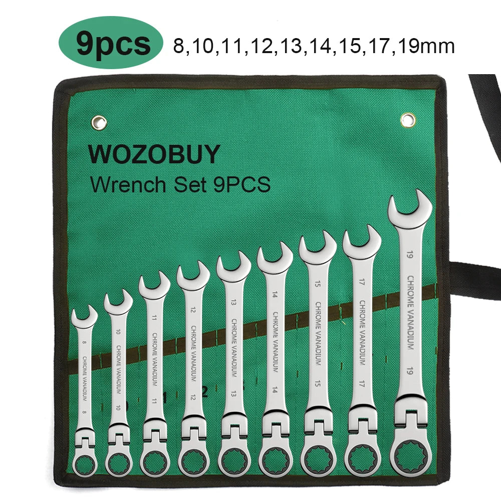 Ratcheting Flex-Head Wrench Set 8-22mm Combination With Canvas Bag