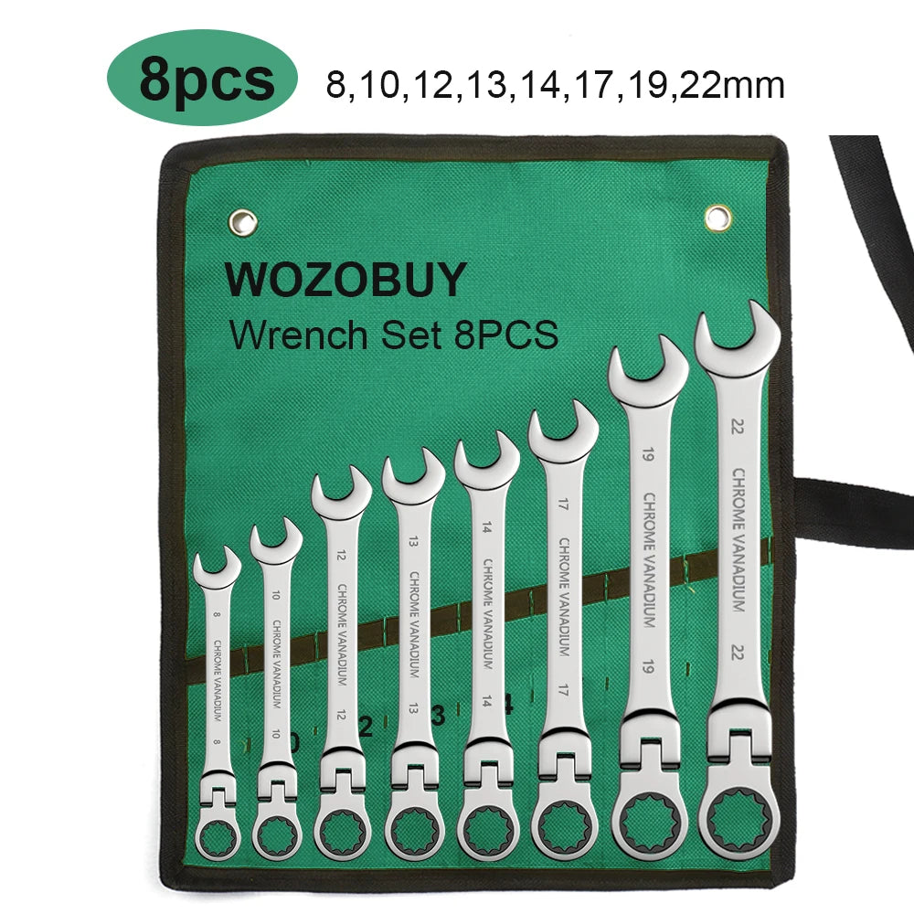 Ratcheting Flex-Head Wrench Set 8-22mm Combination With Canvas Bag