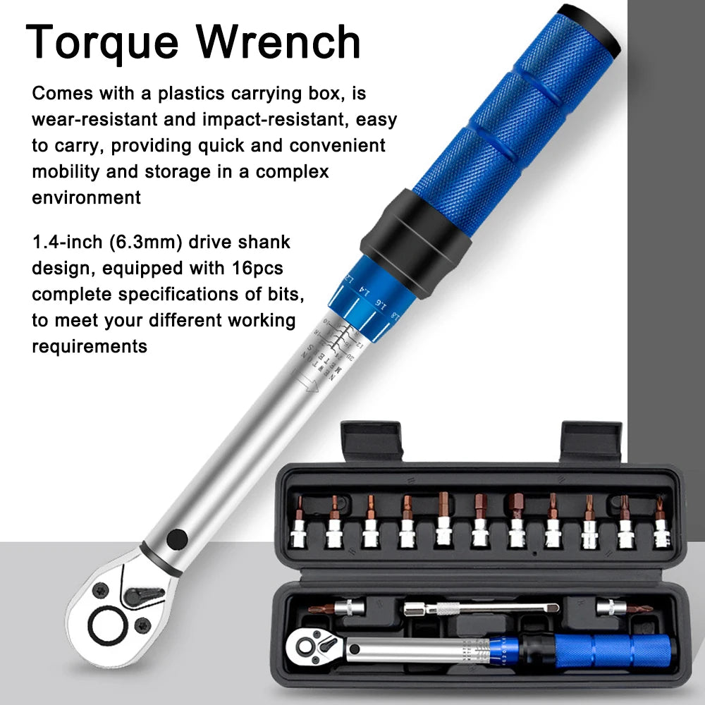 1/4” Drive Adjustable Torque Wrench Set (2–24N·m) | 72-Tooth CR-V Steel Precision Ratchet Kit with 13 Bits & Storage Case