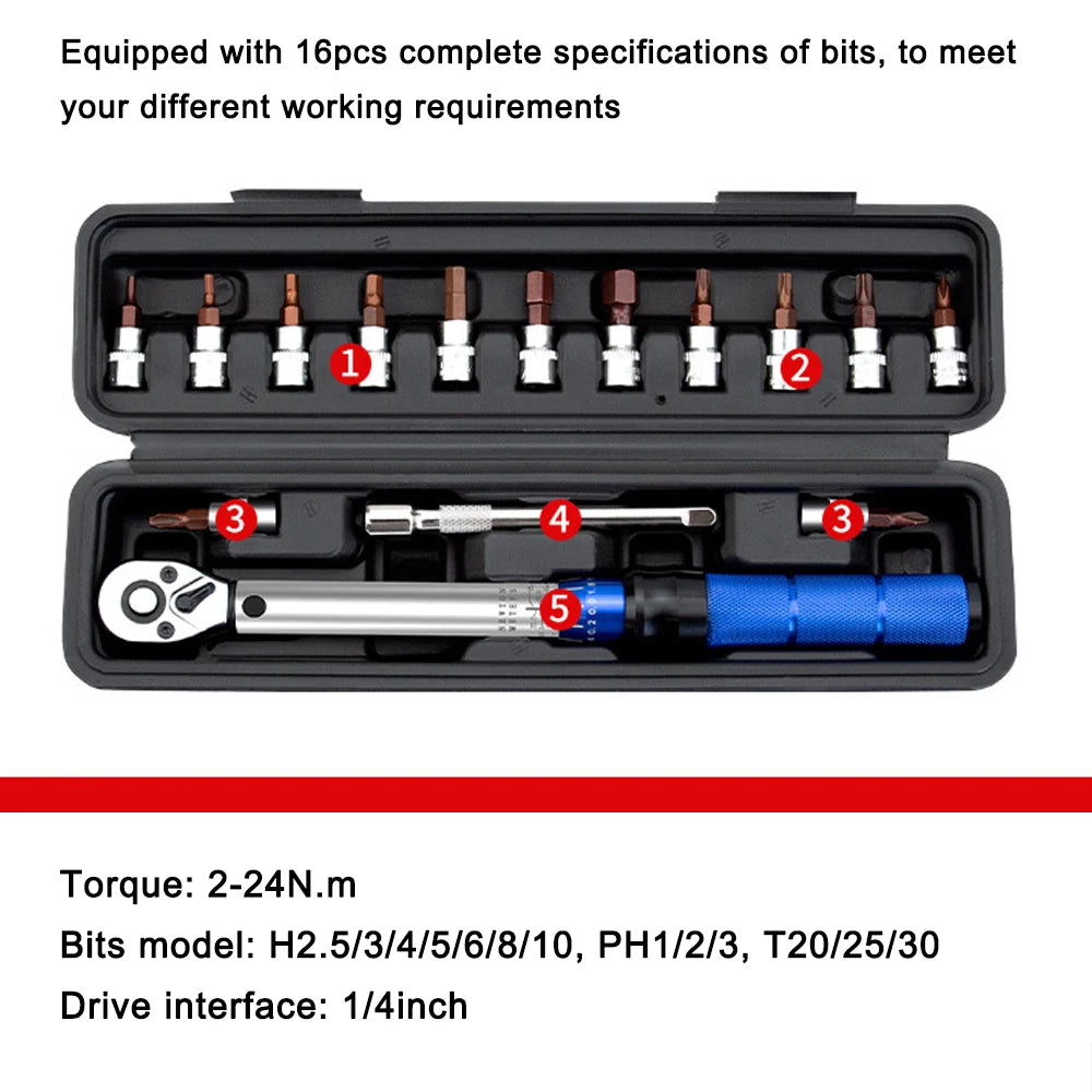 1/4” Drive Adjustable Torque Wrench Set (2–24N·m) | 72-Tooth CR-V Steel Precision Ratchet Kit with 13 Bits & Storage Case