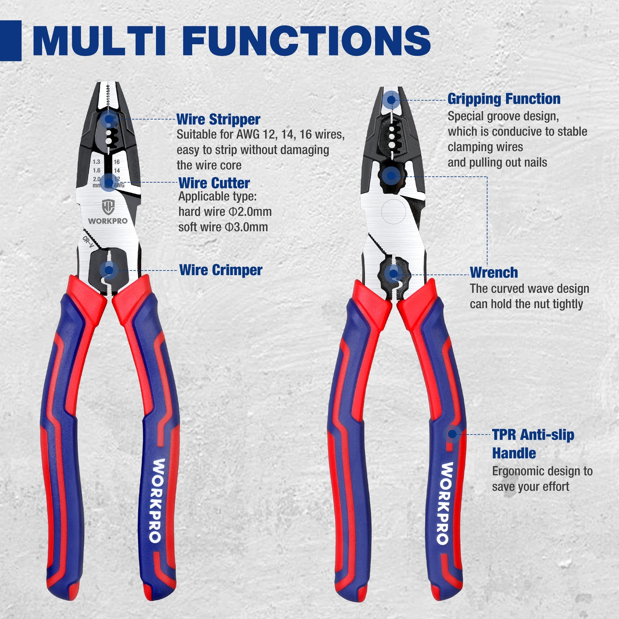 WORKPRO 8" Linesman Pliers – CR-V Heavy Duty Wire Cutter & Stripper with Comfort Grip Handles