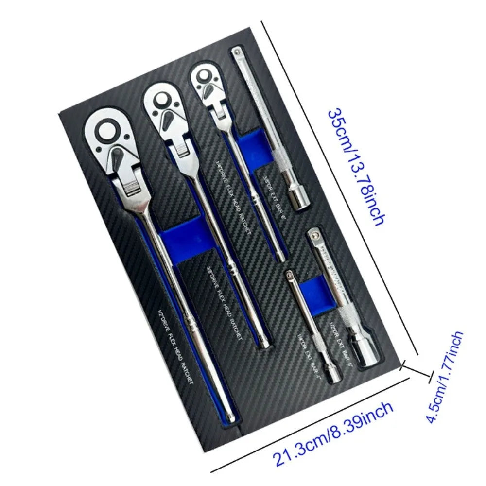 6-Piece Flex Head Ratchet Wrench Set | 72-Tooth Chromium Vanadium Steel | 1/4” 3/8” 1/2” Drive Swivel Ratchet Kit With Foam