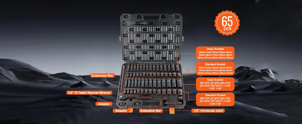1/2" Drive Impact Socket Set 6 Point Cr-V Cr-Mo Metric SAE Auto Repair Kit 23–65Pc