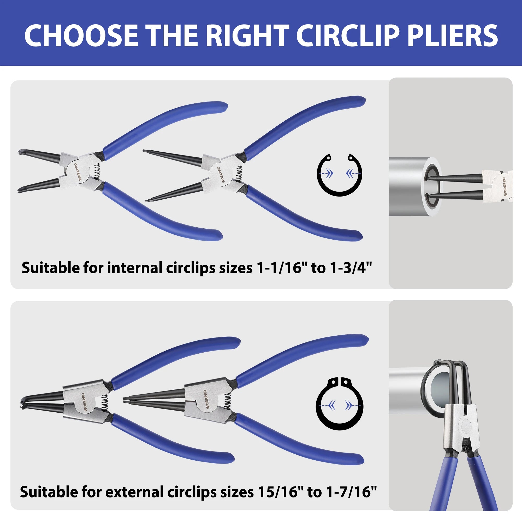 WORKPRO 4Pc Snap Ring Pliers Set 7" Internal External Circlip Pliers Straight & Bent Kit