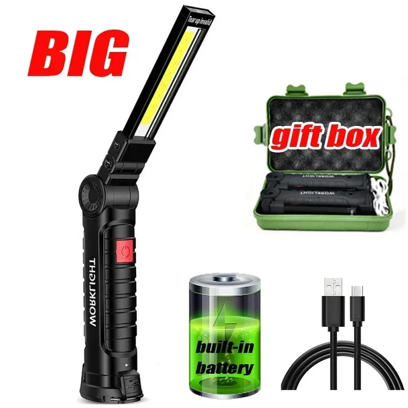 Portable Fold LED Flashlight Strong Magnet COB Working Light Type C Rechargeable Emergency Floodlight Outdoor Camping Lantern