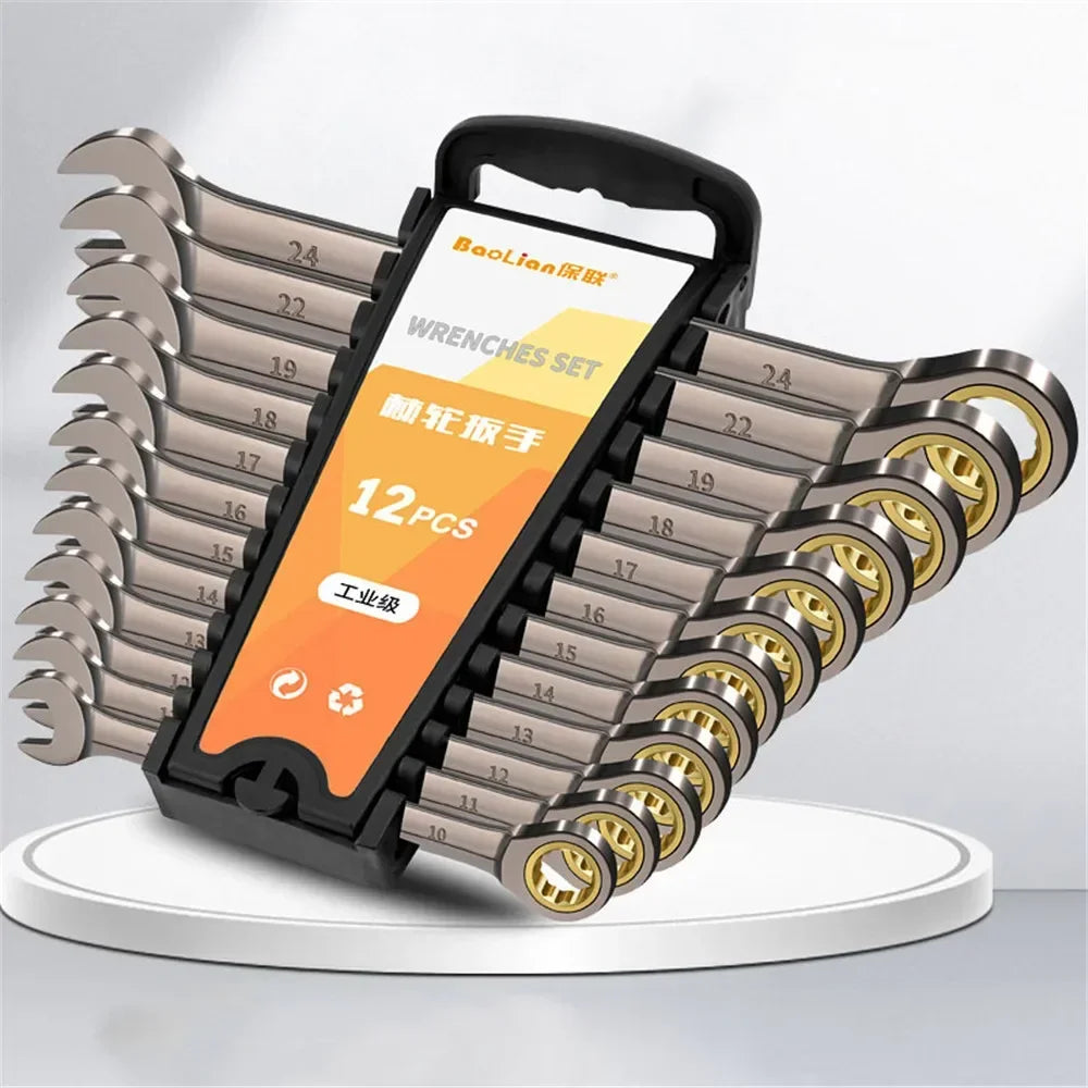 Chrome Vanadium Steel Ratchet Wrench Set | Mirror Polish Double End Mechanic Tool Kit, Rust-Resistant Heavy Duty Repair Wrench Set