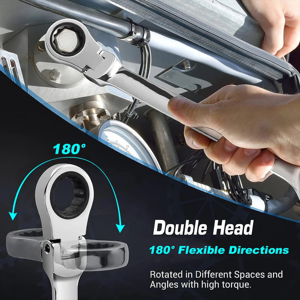 Extra Long Flex-Head Ratcheting Double Box End Wrench, Metric 8-19mm