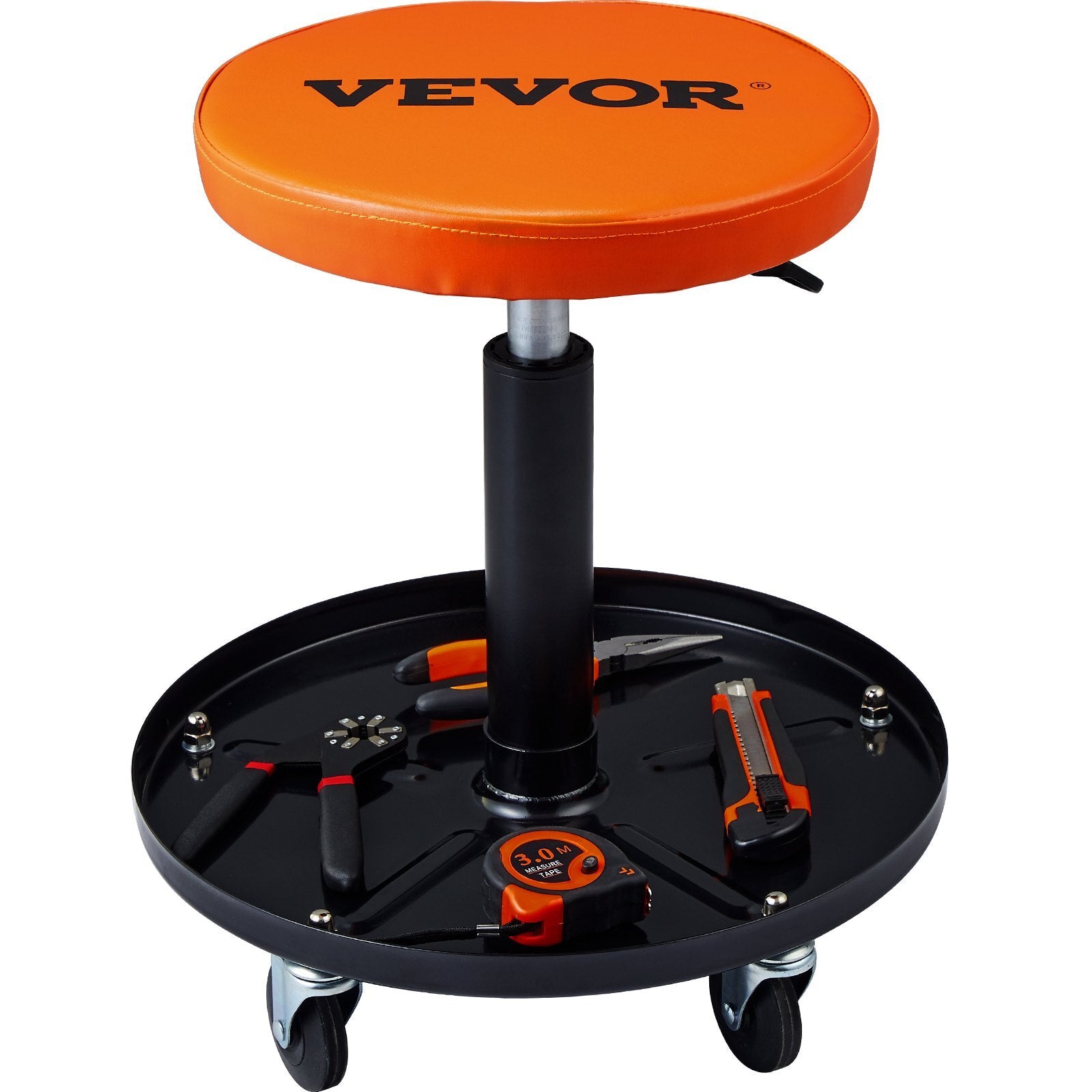 Mechanic Stool, 250 LBS Rolling Pneumatic Creeper Garage/Shop Seat, Adjustable Height 22 in-28 in Padded Rolling Workshop Stool with Tool Tray, for Garage, Shop, Auto Repair, Black+Orange