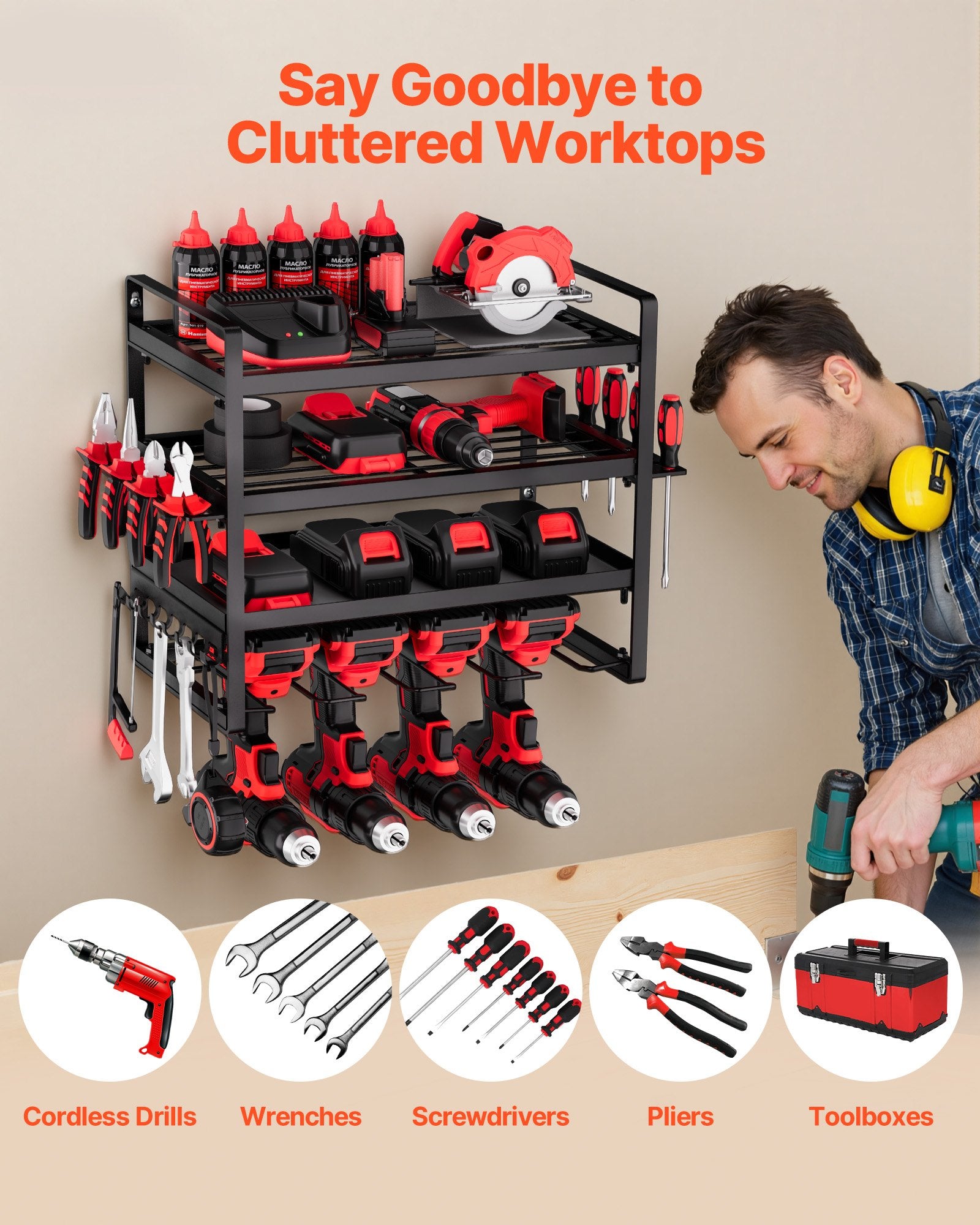 4-Tier Compact Wall Mounted Power Tool Organizer | Heavy Duty Garage Storage Rack with Drill Holder & Shelves (132lb Capacity)