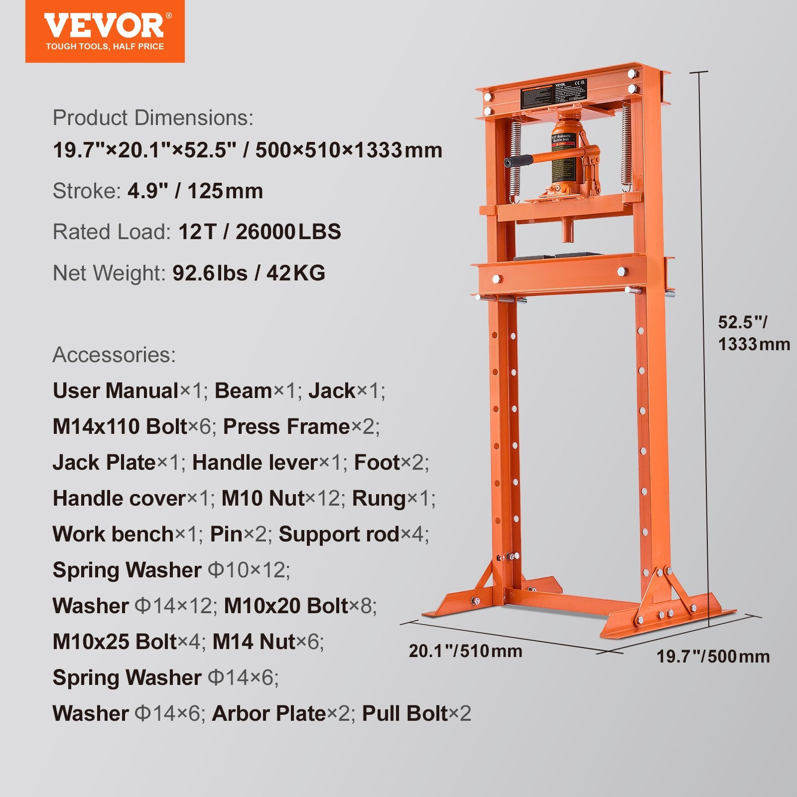 VEVOR Hydraulic Shop Press, 12 Ton.