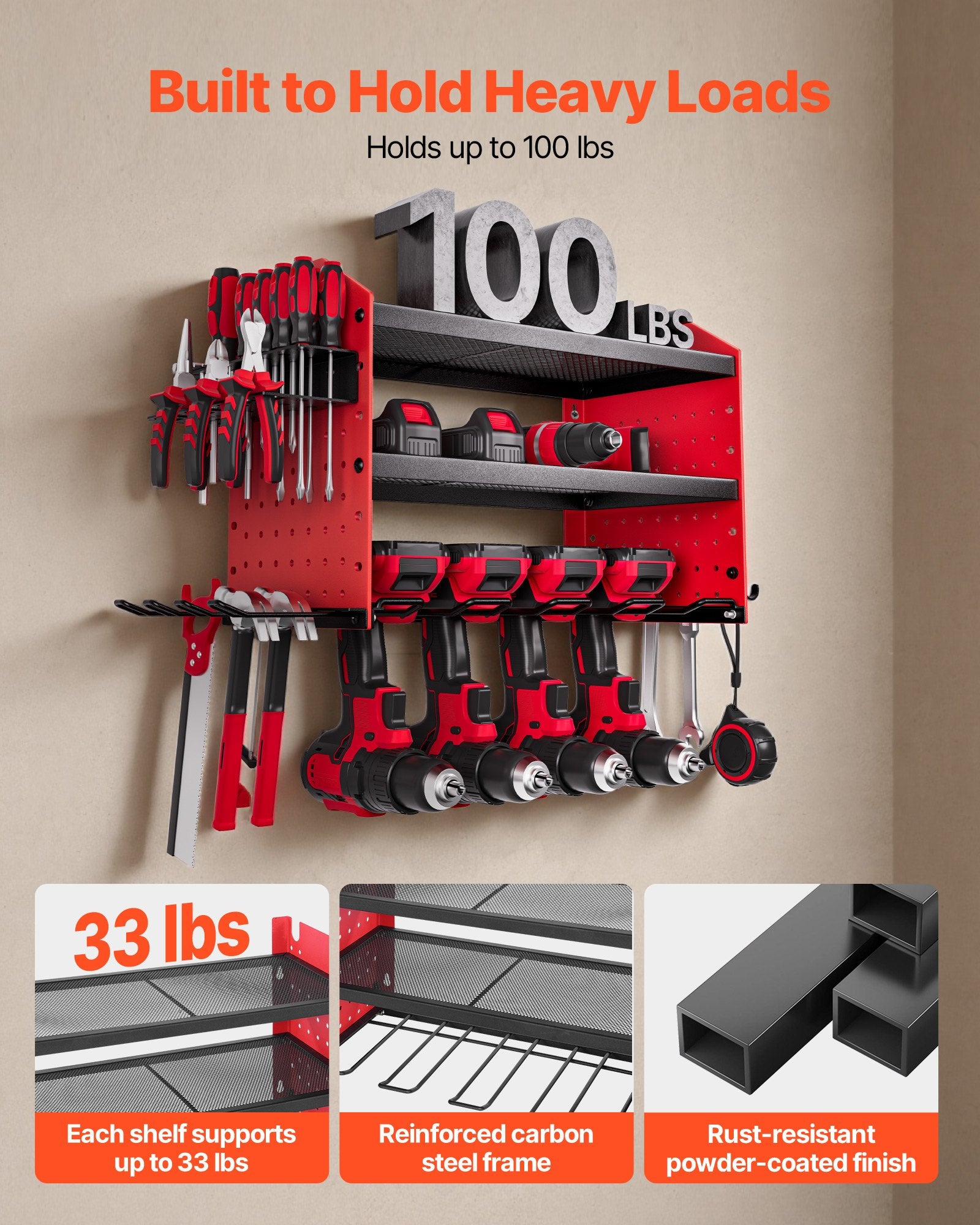 3-Tier Wall Mounted Power Tool Organizer Rack | Adjustable Shelf Garage Storage with Pegboard Sides & Drill Holder (100lb Capacity)