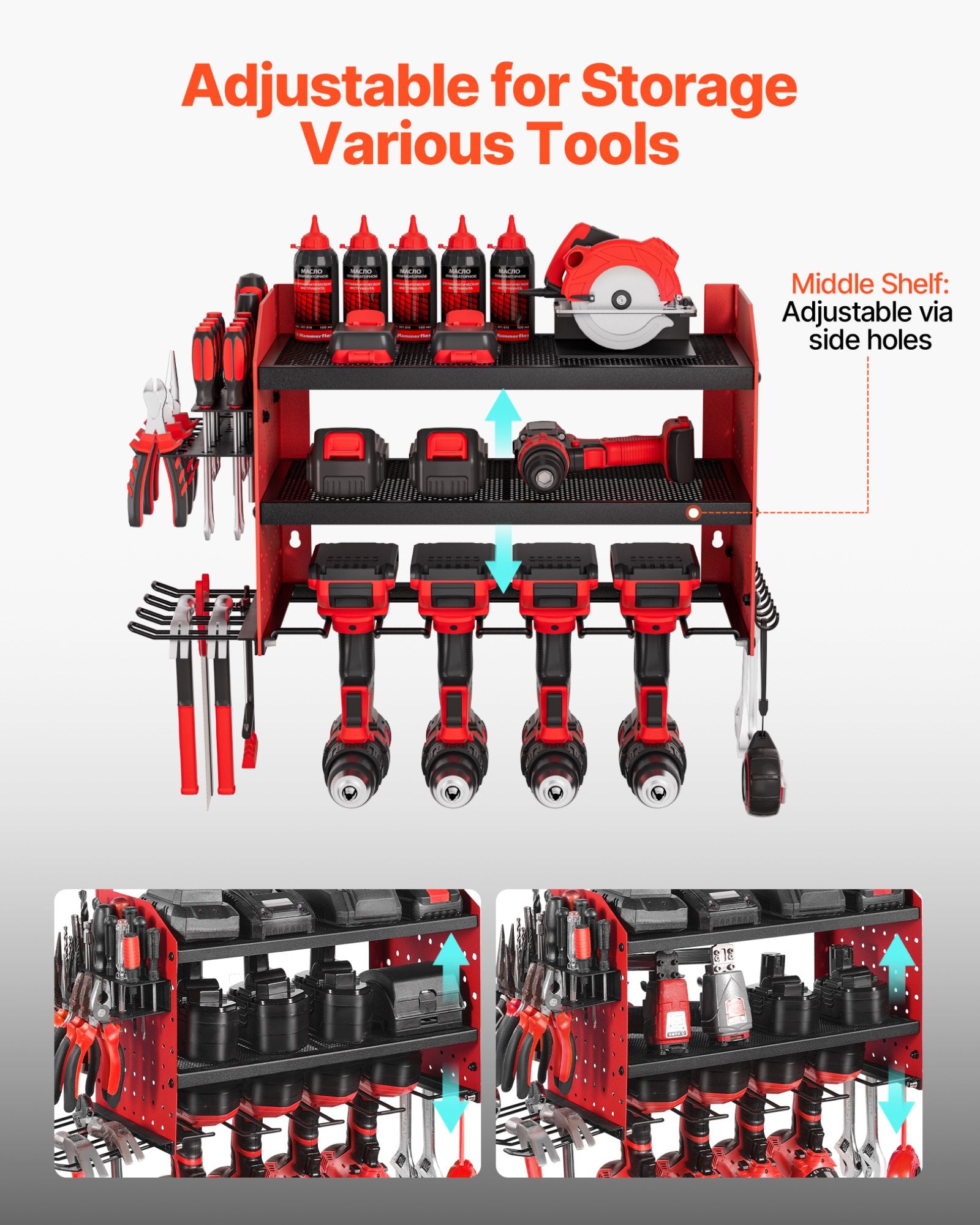 3-Tier Wall Mounted Power Tool Organizer Rack | Adjustable Shelf Garage Storage with Pegboard Sides & Drill Holder (100lb Capacity)