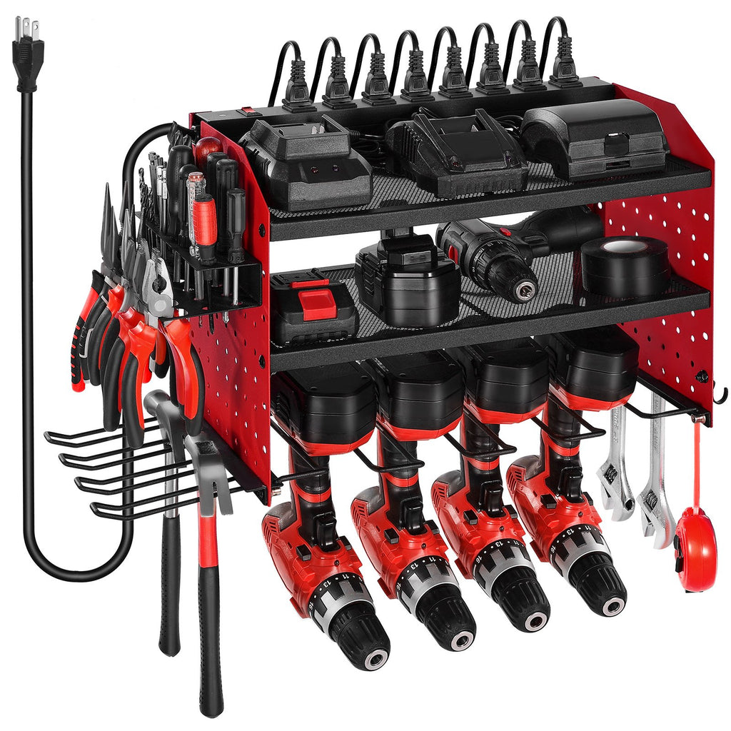 3-Tier Wall Mounted Power Tool Organizer with Charging Station | Pegboard Garage Storage Rack, 8-Outlet Power Strip, Drill Holder