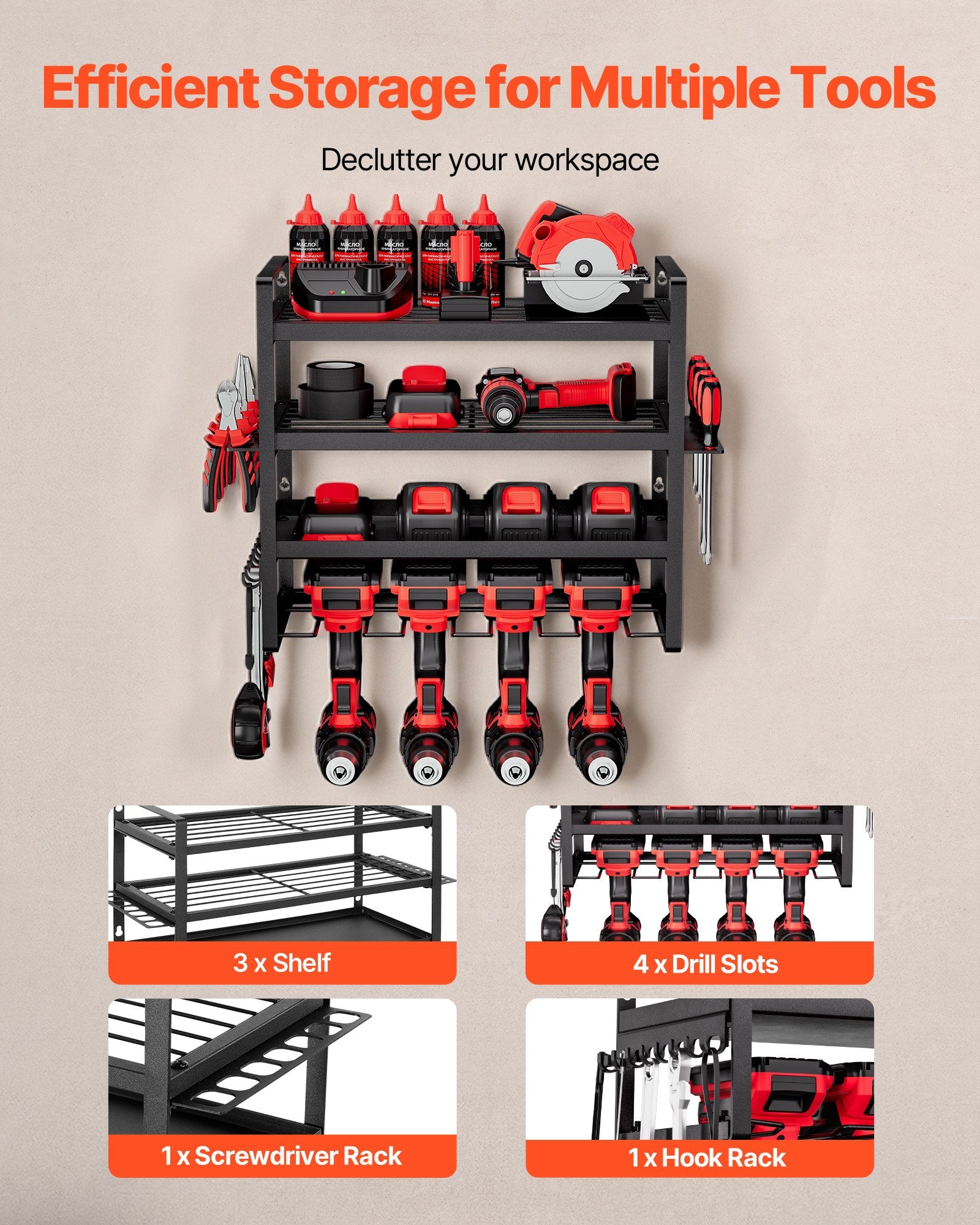 4-Tier Compact Wall Mounted Power Tool Organizer | Heavy Duty Garage Storage Rack with Drill Holder & Shelves (132lb Capacity)