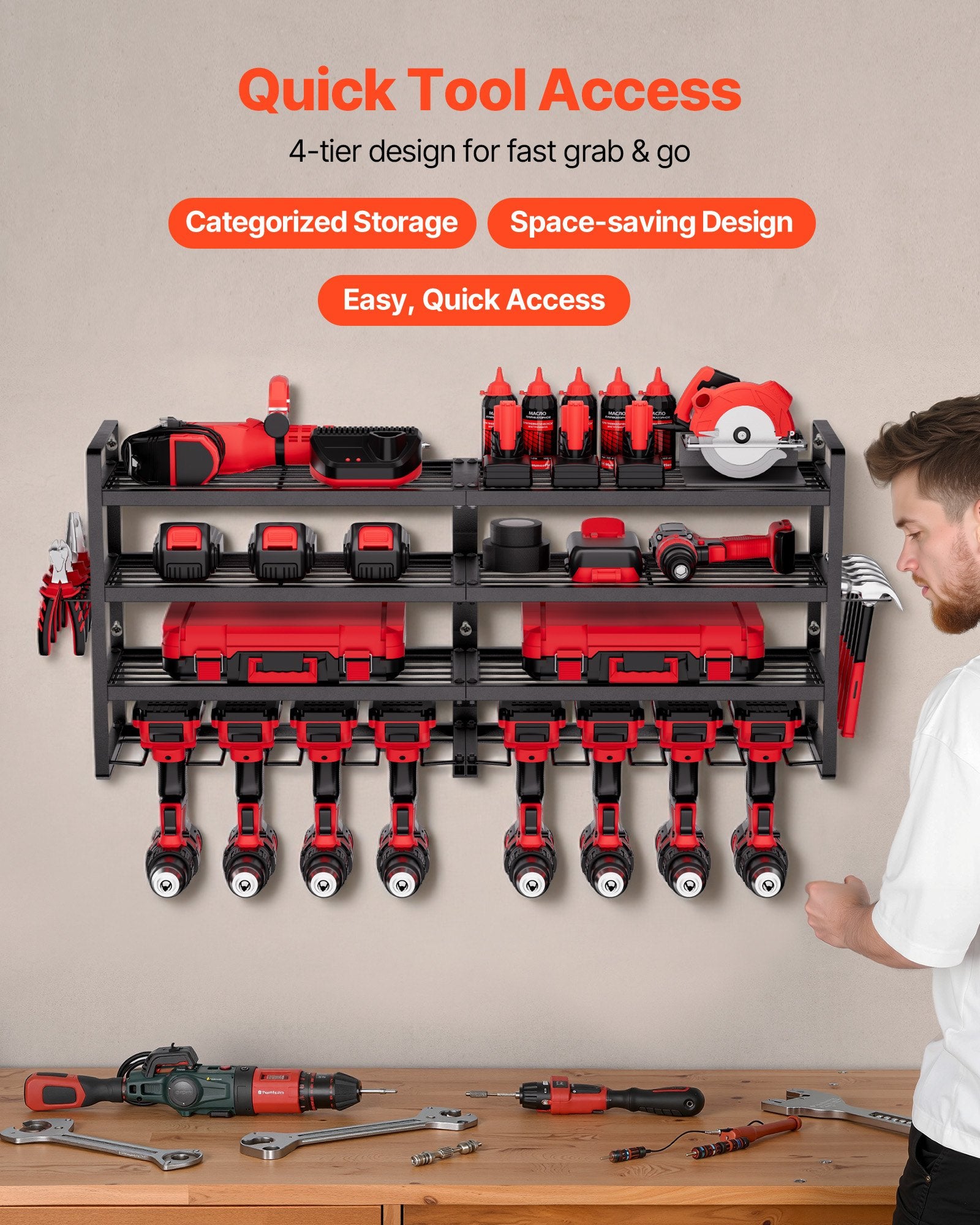 4-Tier Wall Mounted Power Tool Organizer Rack | Heavy Duty Garage Storage with Drill Holder, Shelves & Hooks (240lb Capacity)