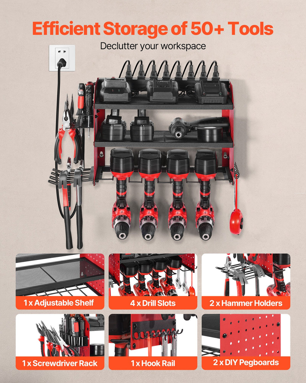 3-Tier Wall Mounted Power Tool Organizer with Charging Station | Pegboard Garage Storage Rack, 8-Outlet Power Strip, Drill Holder