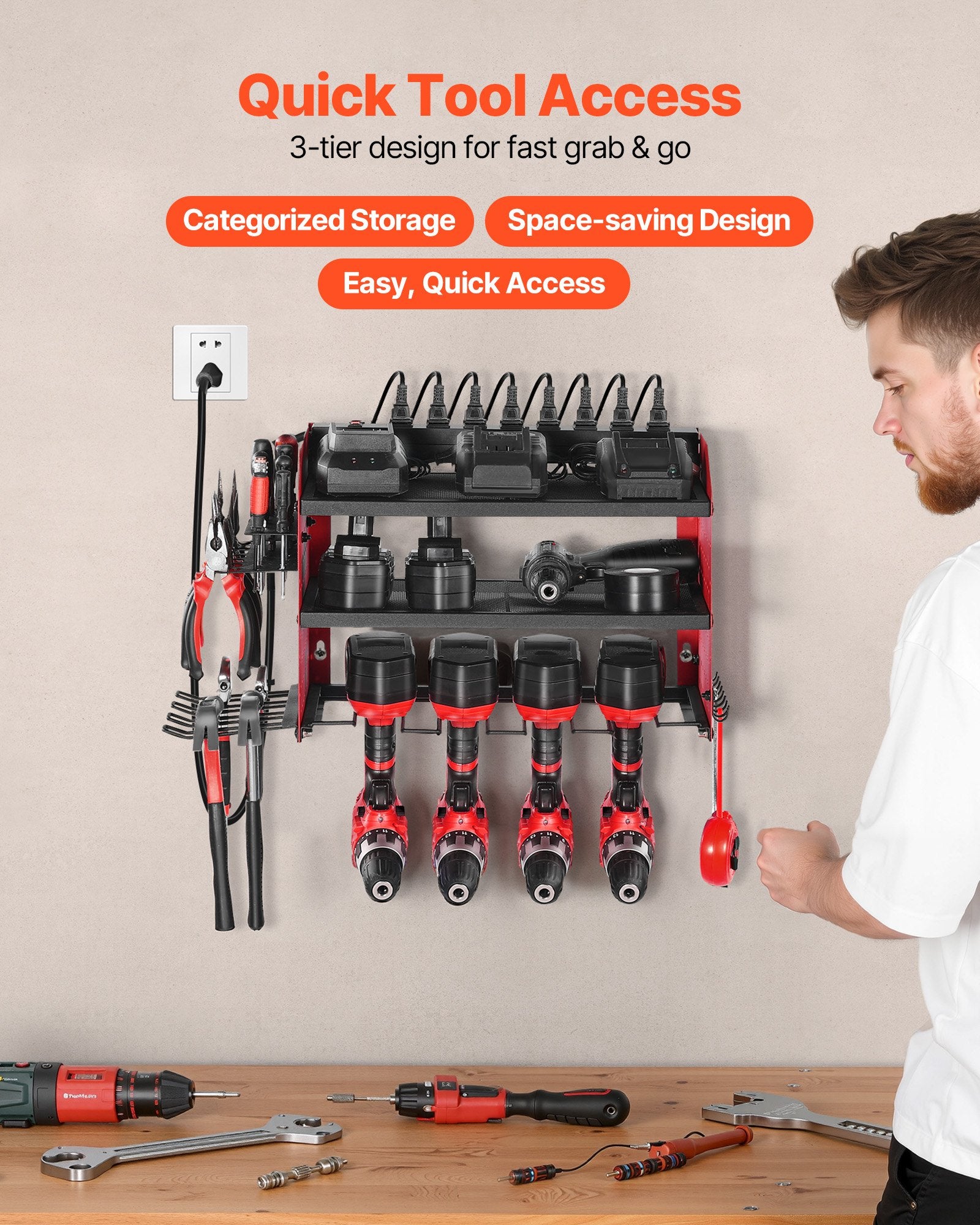 3-Tier Wall Mounted Power Tool Organizer with Charging Station | Pegboard Garage Storage Rack, 8-Outlet Power Strip, Drill Holder