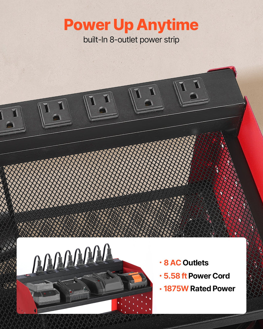 3-Tier Wall Mounted Power Tool Organizer with Charging Station | Pegboard Garage Storage Rack, 8-Outlet Power Strip, Drill Holder